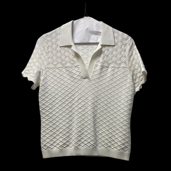 ST. John, White Textured Short Sleeve Polo Shirt, Small - Picture 2 of 14
